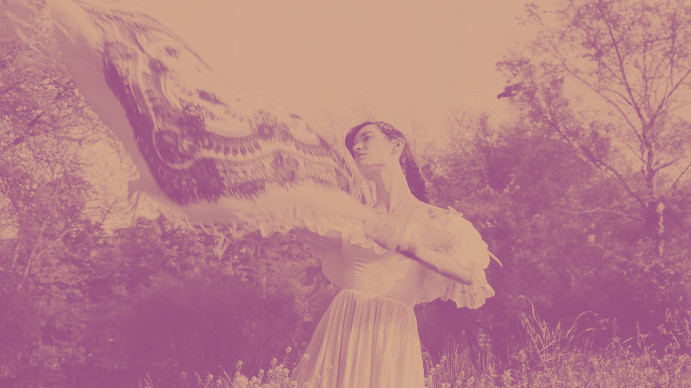 Woman in white dress in a natural outdoor setting with warm duotone overlay, for The Fabric Question post on Softly Spun